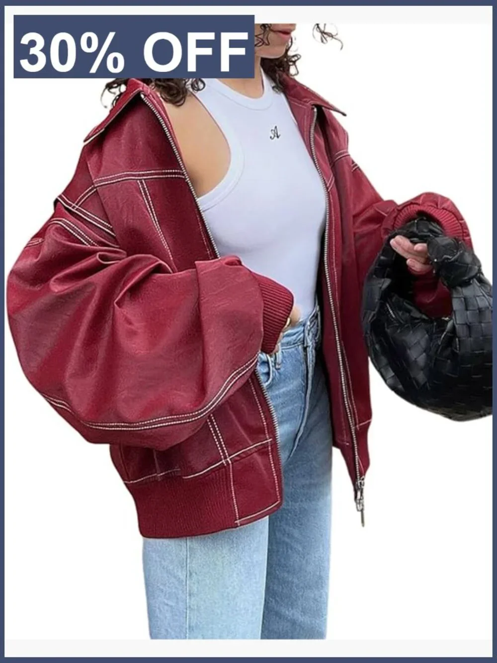 Oversized Faux Leather Motorcycle Jacket Zip Up Winter Coat Women's 2025